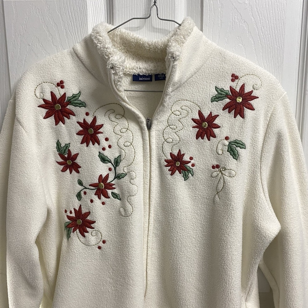 Basic Editions Women‎ Poinsettia &Holly Ivory Full-Zip Fleece Xmas Jacket Sz. L